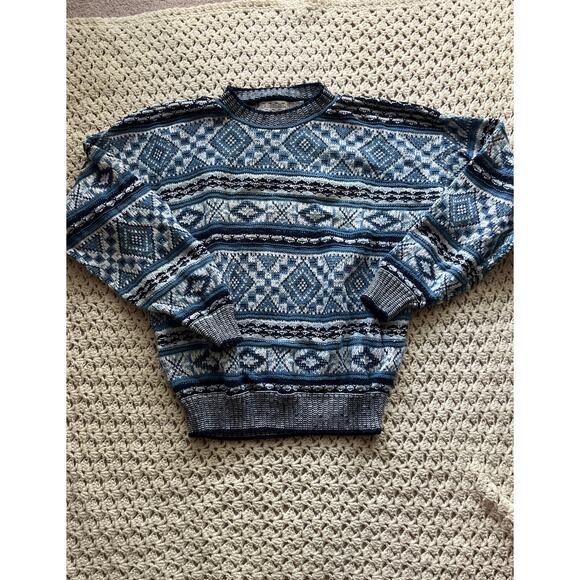 Vintage 90s Blue and White Fisherman Grandpa Cotton Sweater Size Large - Picture 1 of 3
